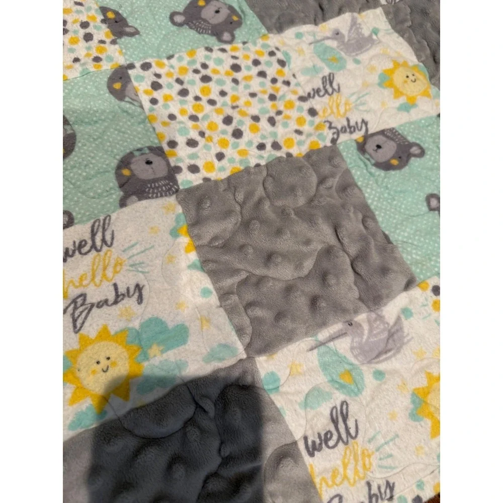 Patchwork Baby Blanket Quilt Squares Bear Lion Sun Nursery Decor Gift 44